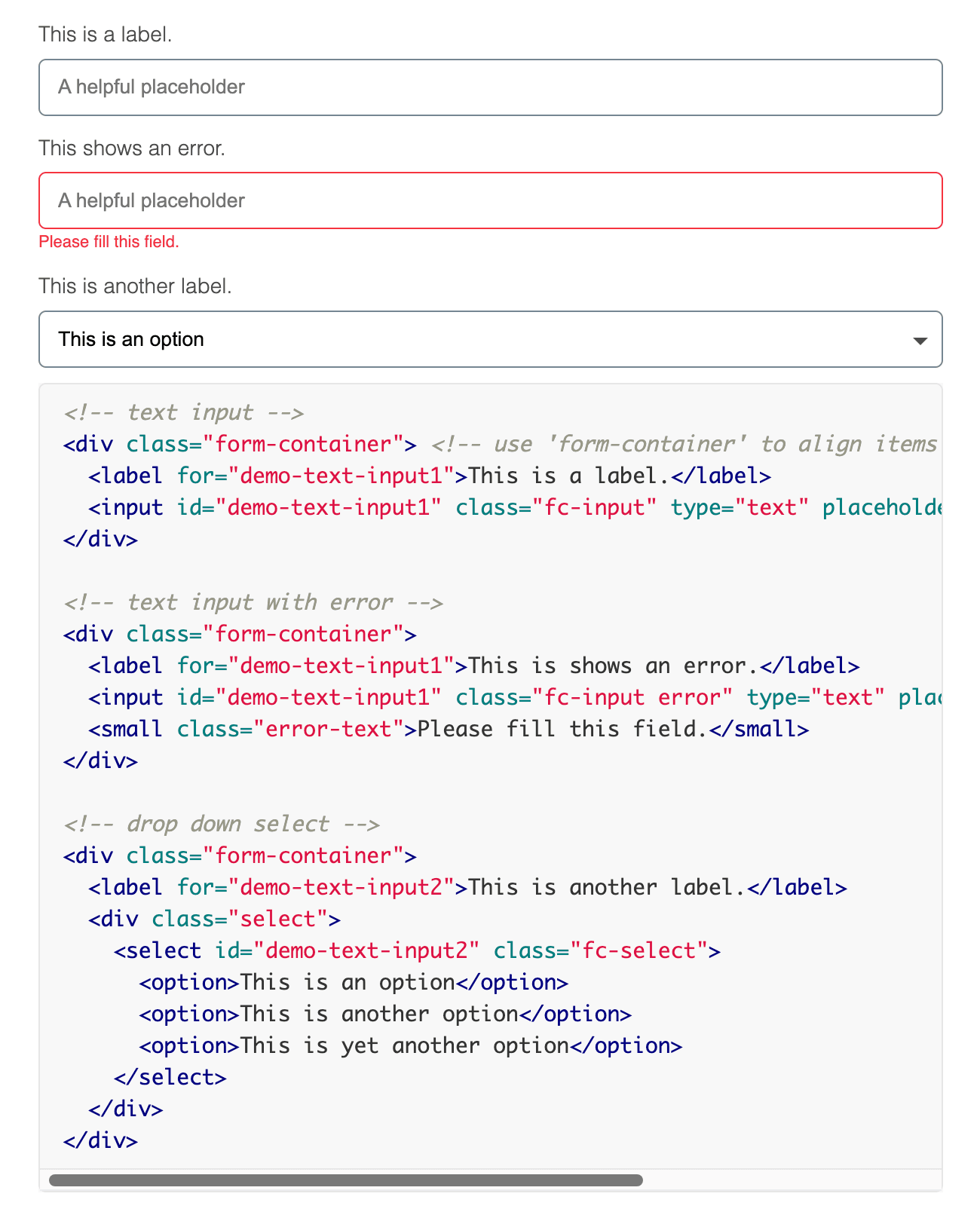 Form inputs documented with a text field, an error state and a dropdown, followed by the HTML needed to build each one